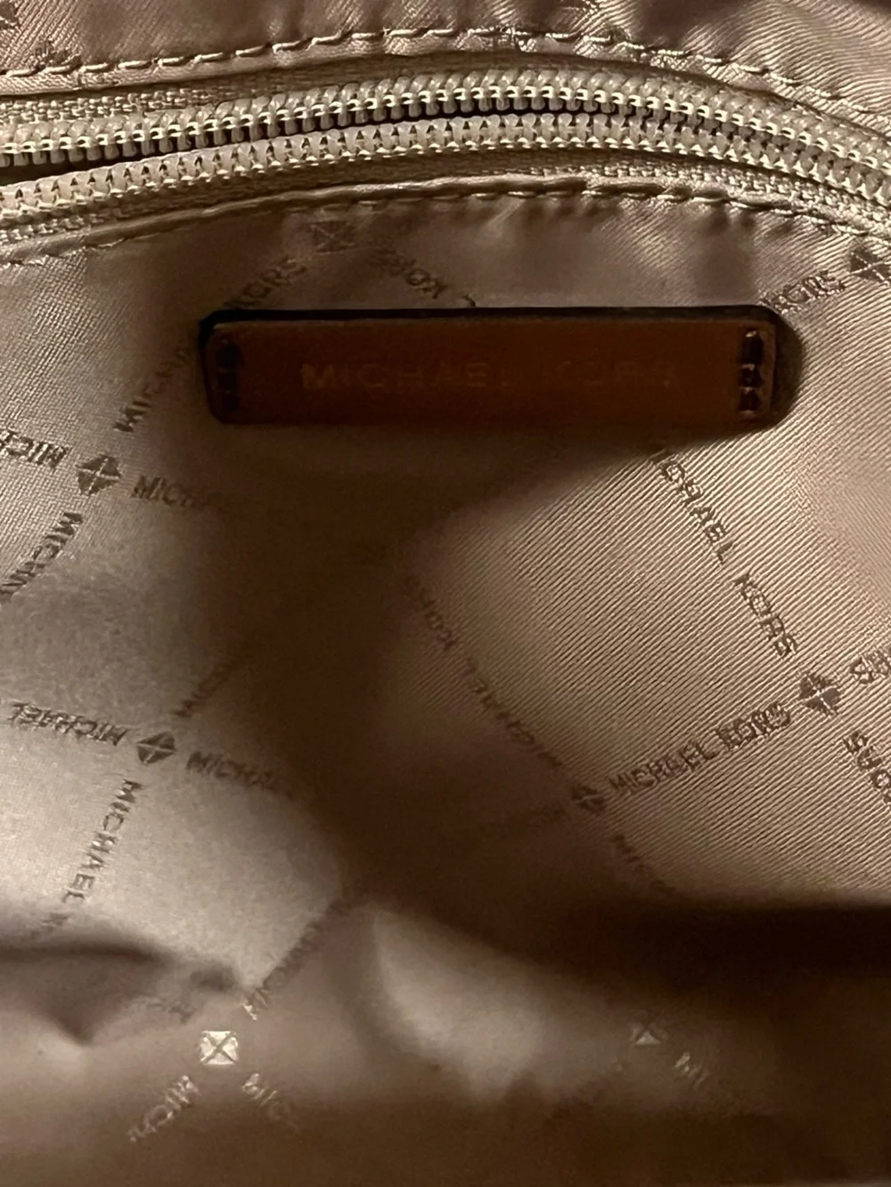 Michael Kors Brown MK Logo Satchel with Striped Yellow-Brown Shoulder Strap